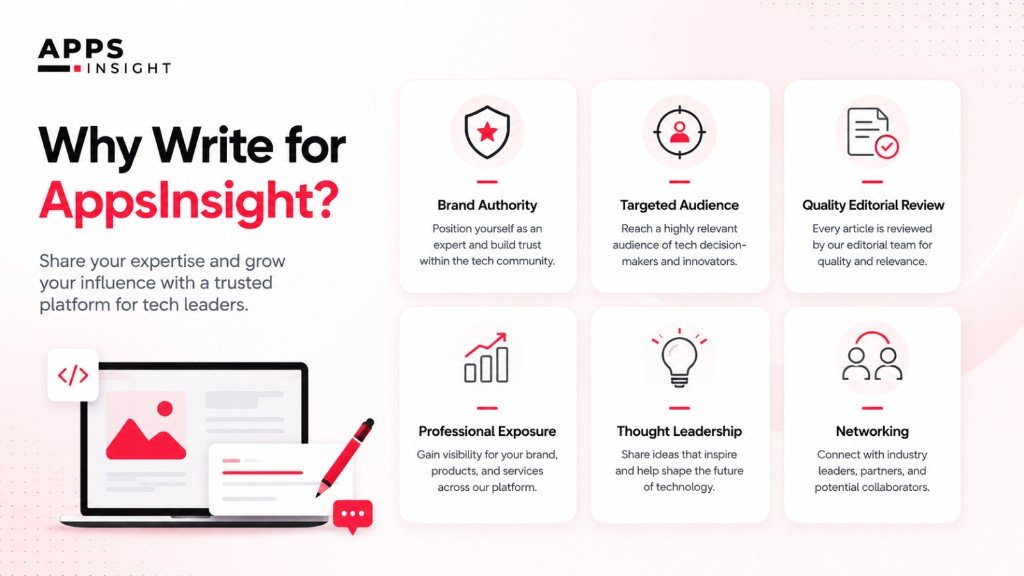 Why write for AppsInsight: brand authority, targeted tech audience, editorial review, professional exposure, thought leadership, and networking
