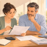 Illustration: bookkeeper and business owner comparing bank statement and accounting records at an office desk
