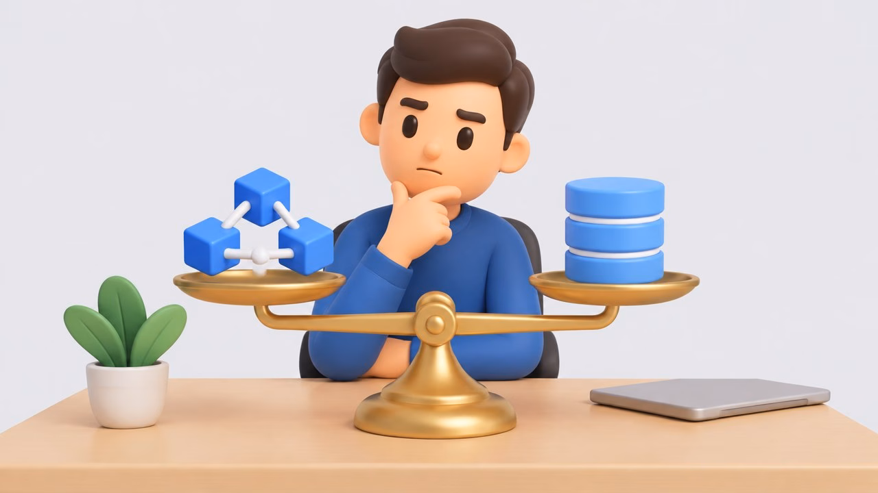Illustration of a person weighing a blockchain icon against a database on a balance scale