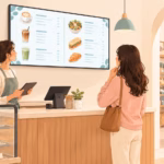 Illustrated café owner at the counter with a customer reading a wide digital menu screen, with a small retail display visible in the next room