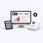 Minimal 3D illustration of a computer dashboard with calculator, documents and gear representing Costpoint ERP software