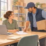 Illustration: small business owner and supplier reviewing a purchase order at a warehouse office desk
