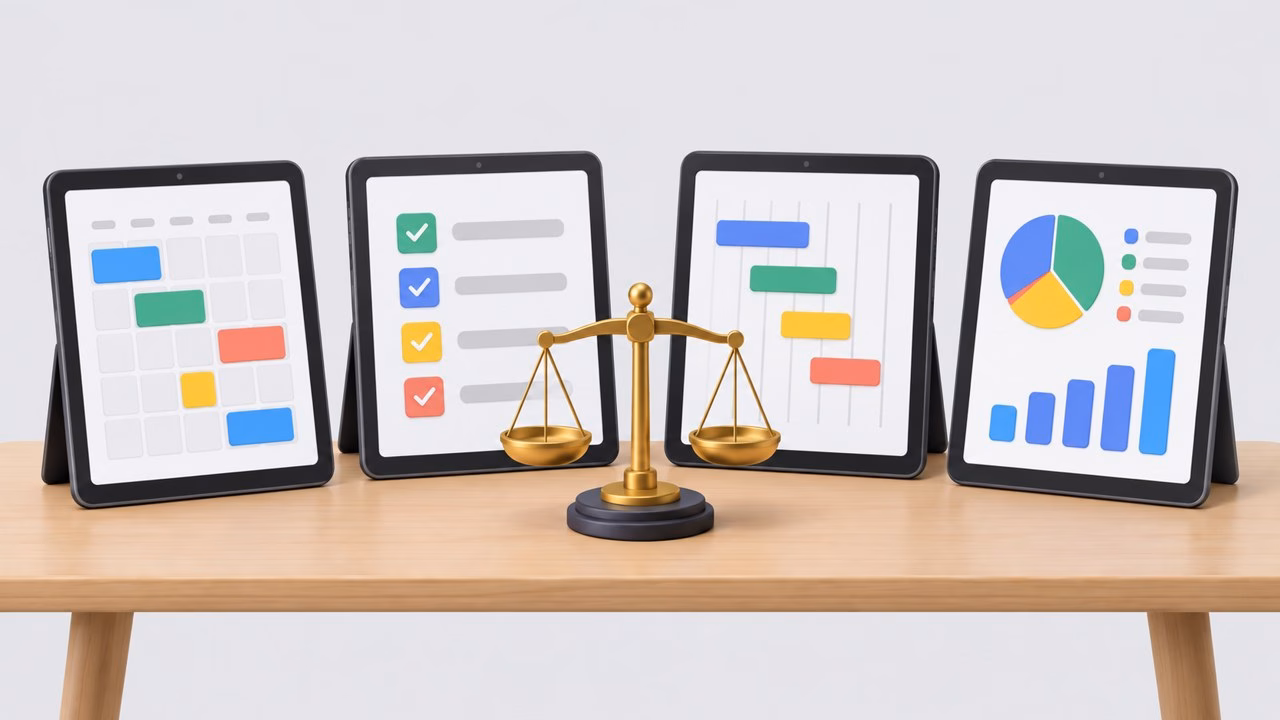Illustration of four tablets with planning dashboards in a row beside a balance scale