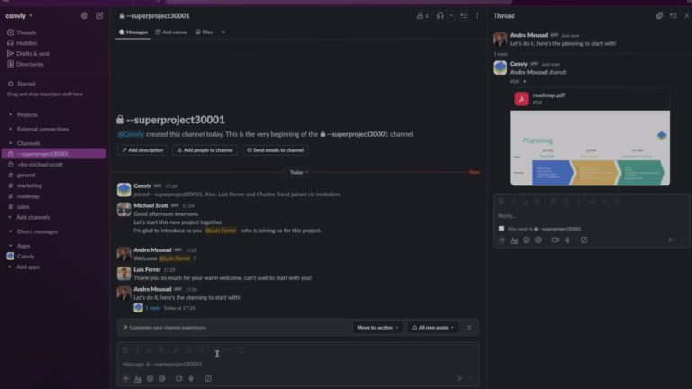 convly project group with shared PDF in thread, official demo