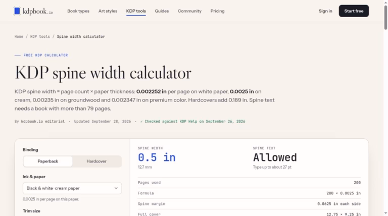 kdpbook.io free KDP spine width calculator showing spine width and spine text result