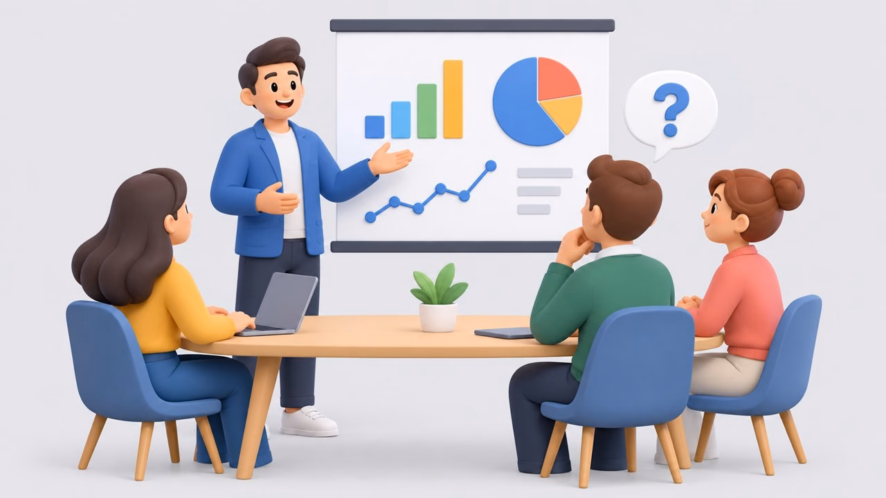 Illustration of a meeting table with a presenter, a chart screen and a question mark speech bubble