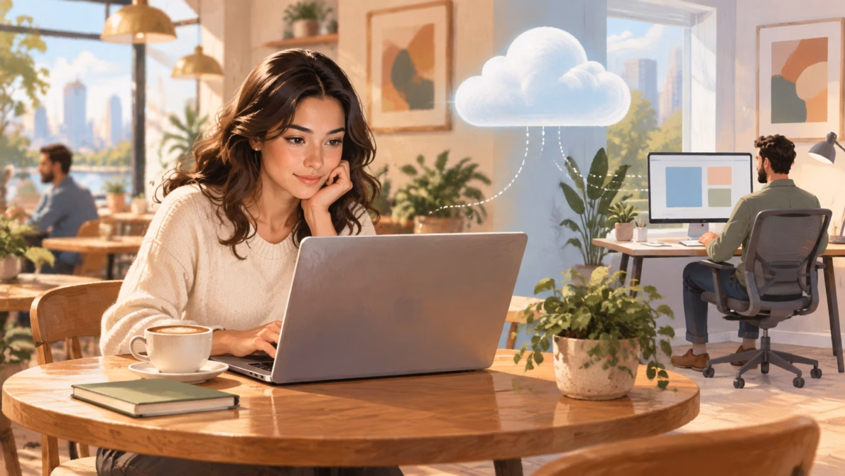 Illustration: remote worker using a laptop with a conceptual cloud and separate office workstation