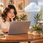Illustration: remote worker using a laptop with a conceptual cloud and separate office workstation