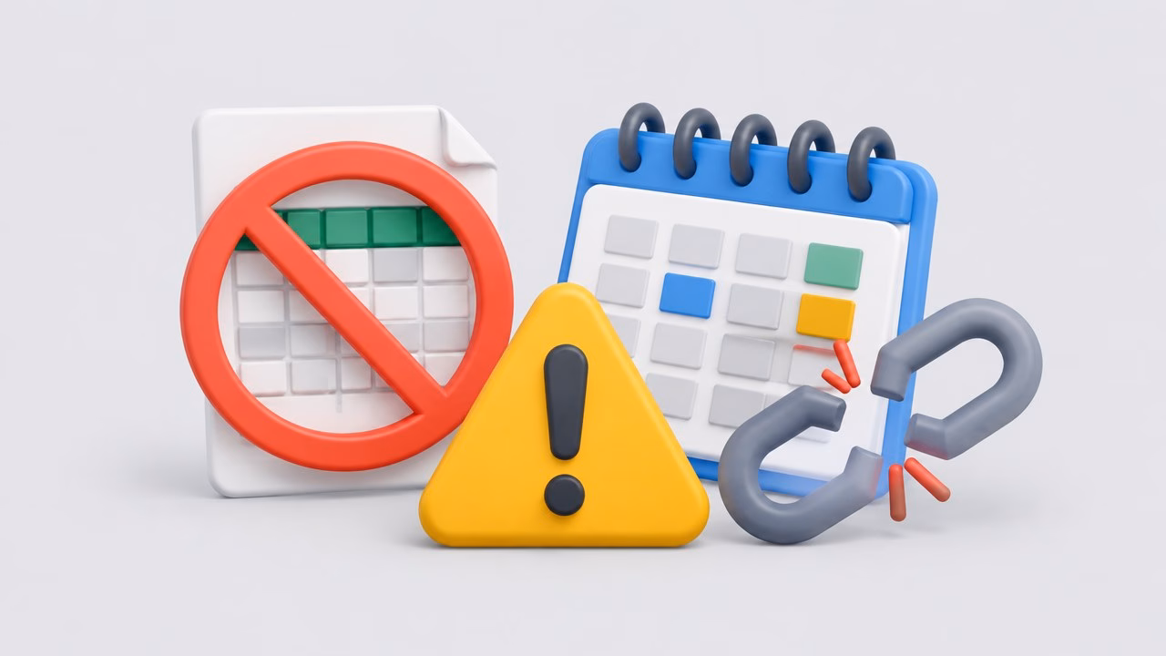 Illustration of a warning sign, a crossed-out spreadsheet and a broken chain link beside a planner