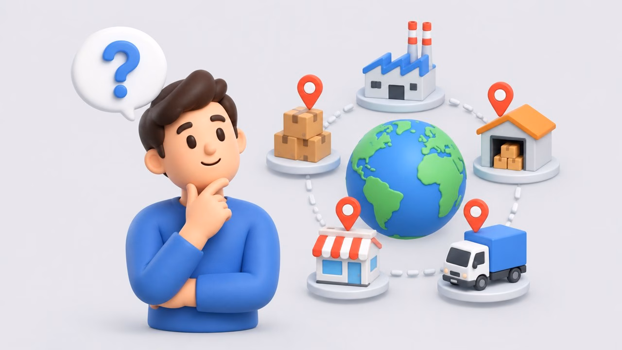 Illustration of a friendly person with a question mark speech bubble beside a supply chain network map