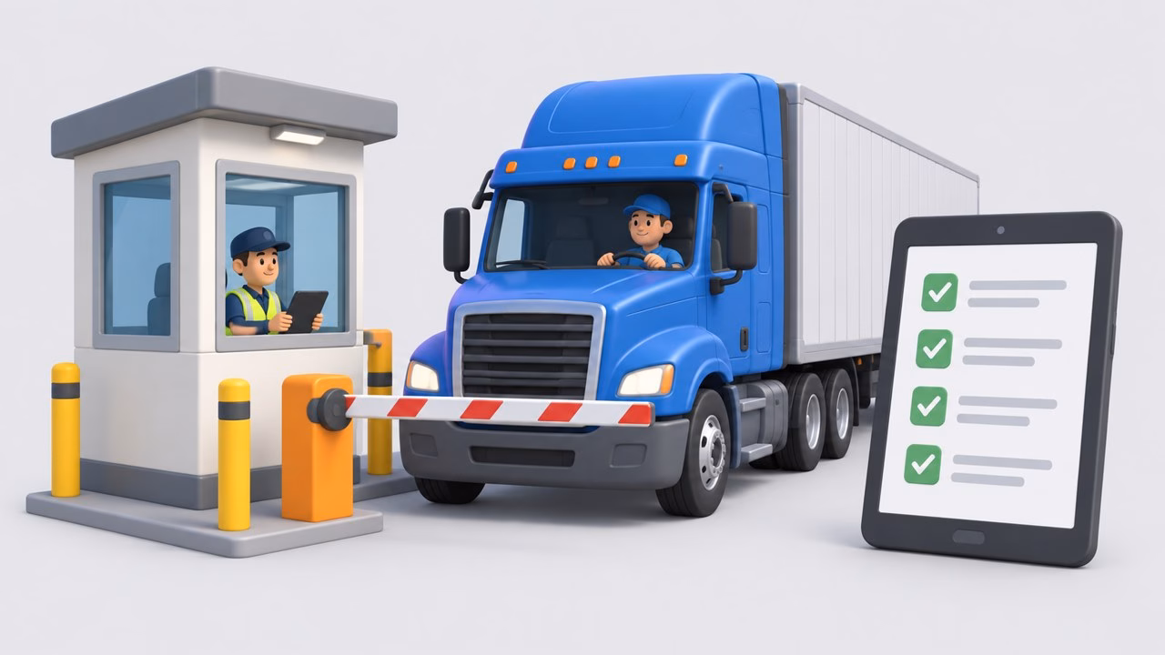 Illustration of a truck yard gate with a guard booth, a semi truck checking in and a tablet showing a check-in list