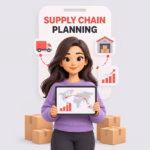 Cartoon planner holding a tablet with a supply chain map, beside delivery boxes, a truck and a warehouse, with the Apps Insight logo