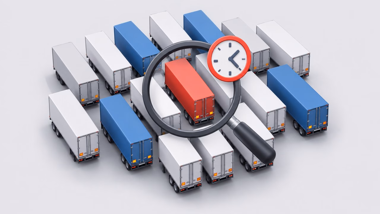 Illustration of an overhead view of a crowded trailer yard with a magnifying glass and clock icon