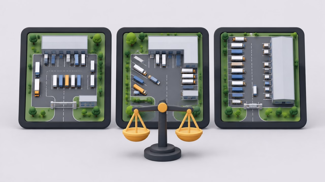 Illustration of three tablets showing different yard map dashboards beside a balance scale