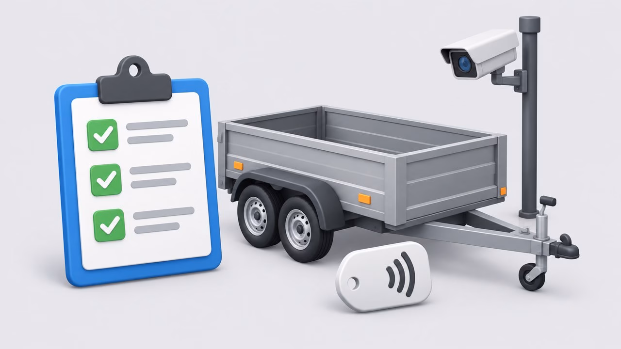 Illustration of a checklist, a trailer, a camera on a pole and an RFID tag icon