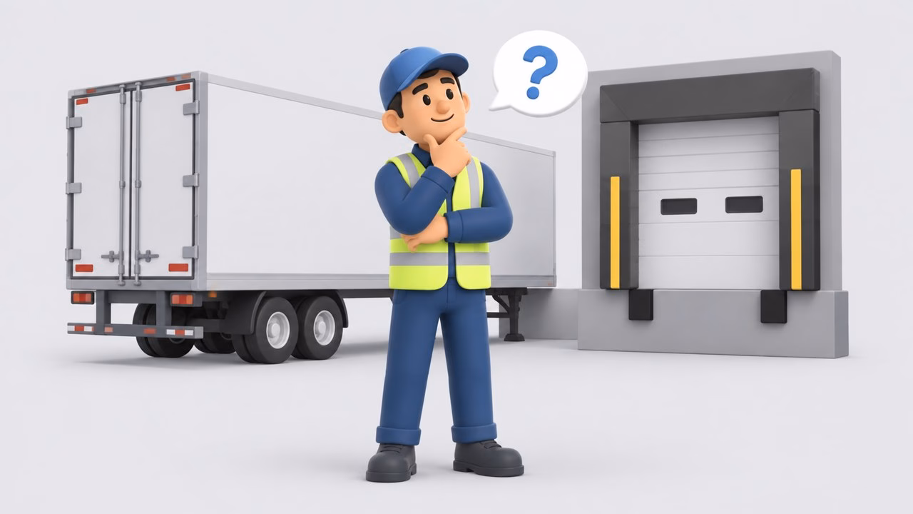 Illustration of a person with a question mark speech bubble next to a trailer at a dock door
