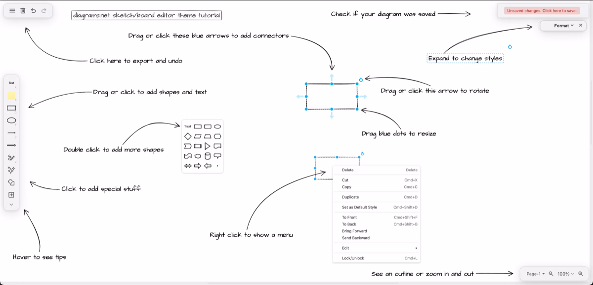 Official draw.io sketch-theme editor screenshot showing shapes and connectors