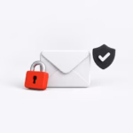 Minimal 3D illustration of an envelope with a red padlock and black shield representing secure Proton Mail email