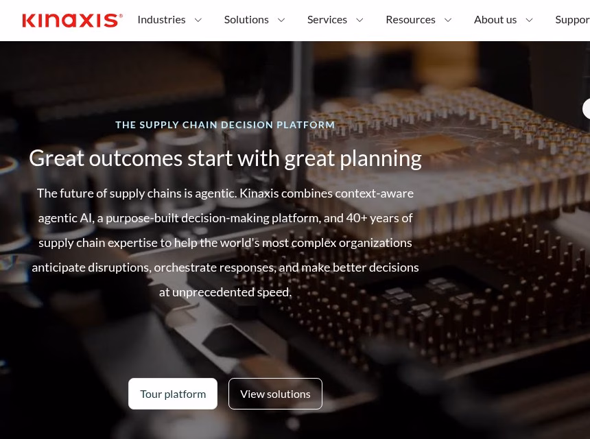 Kinaxis homepage showing the supply chain decision platform headline Great outcomes start with great planning
