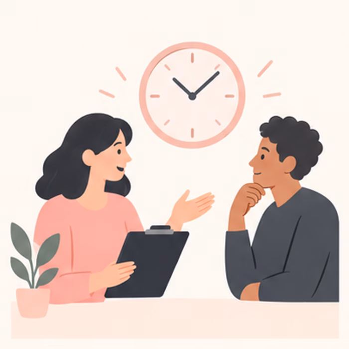 Colleagues planning a meeting with a clock and clipboard