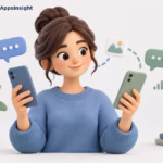 AppsInsight illustration of a woman holding two phones with blue and green messaging bubbles