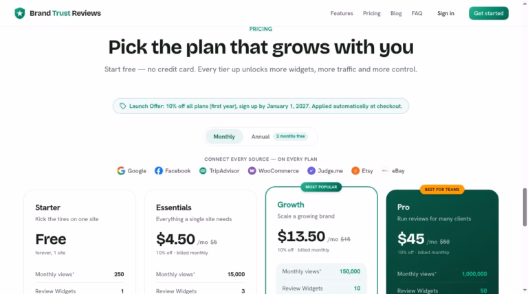 Brand Trust Reviews pricing section with Starter, Essentials, Growth and Pro plans