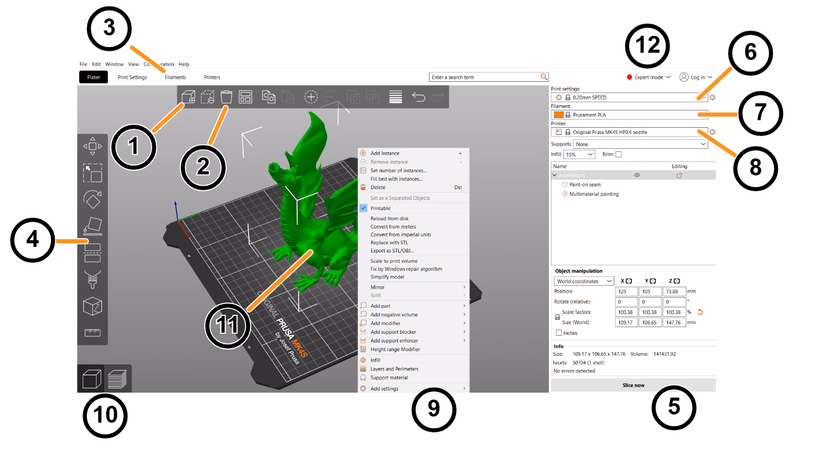 Official PrusaSlicer interface overview showing build plate, printer profiles and model tools