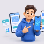 Cartoon developer holding a phone with a React Native style atom icon, surrounded by app screens, with the Apps Insight logo