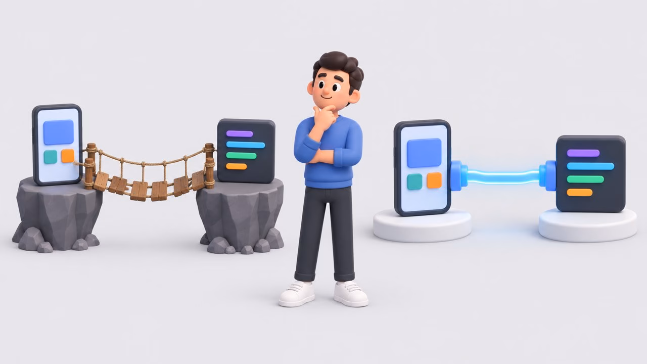 Illustration of an old rope bridge beside a modern direct link between a phone and code blocks