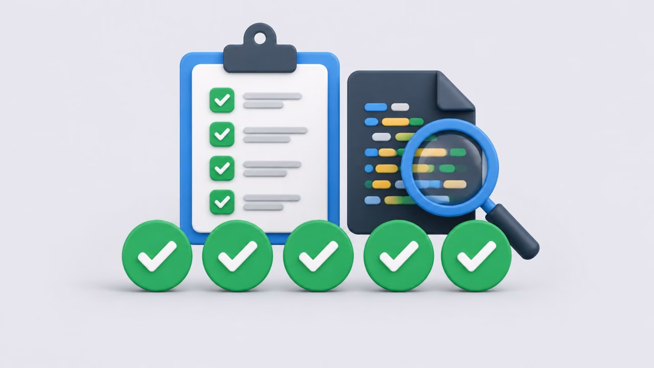 Illustration of five check marks in a row beside a clipboard and a magnifier over a code file