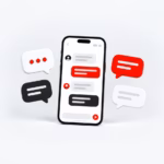 Minimal 3D illustration of a phone with group chat bubbles in red and black representing the GroupMe app