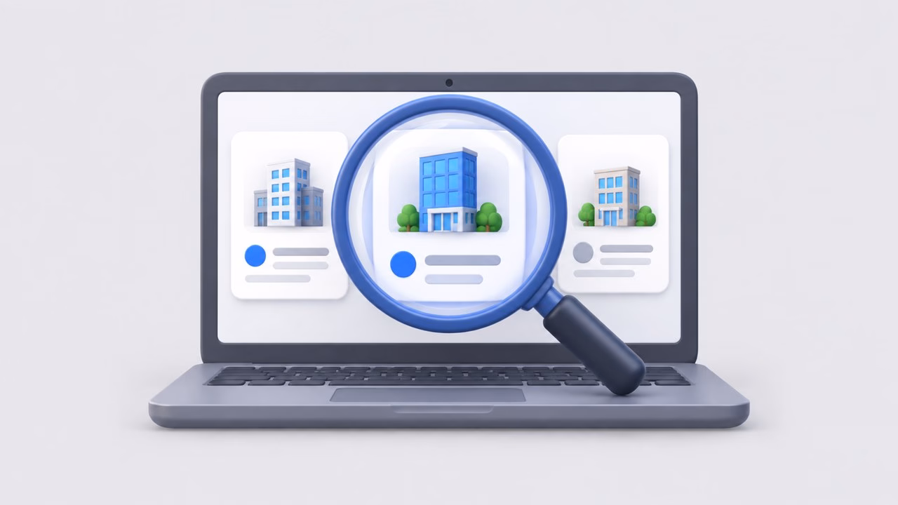 Illustration of a magnifying glass over a list of company cards on a laptop