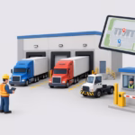 Illustration of a distribution warehouse yard with trailers at dock doors, a yard truck, a gate booth and a tablet showing a yard map