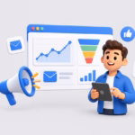 Illustration of a marketer with a tablet beside a campaign dashboard with charts, a funnel, email and social icons