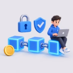 Illustration of a developer with a laptop sitting on linked blue blockchain blocks beside a padlock, shield and coin