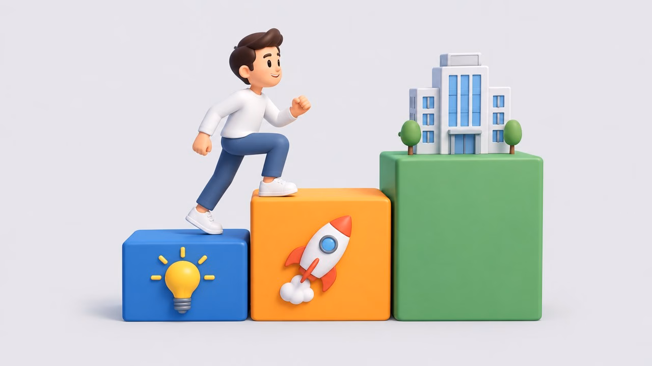 Illustration of three steps with a lightbulb, a rocket and a large building and a person climbing