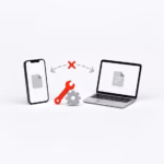 Minimal 3D illustration of a phone and laptop with a broken transfer arrow and red wrench representing fixing AirDrop