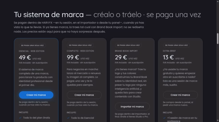 HARVYX pricing page with one-off brand system plans, from the official website