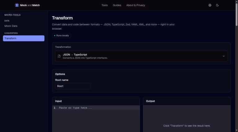 Mock and Match Transform tool with JSON to TypeScript selected, from the official website