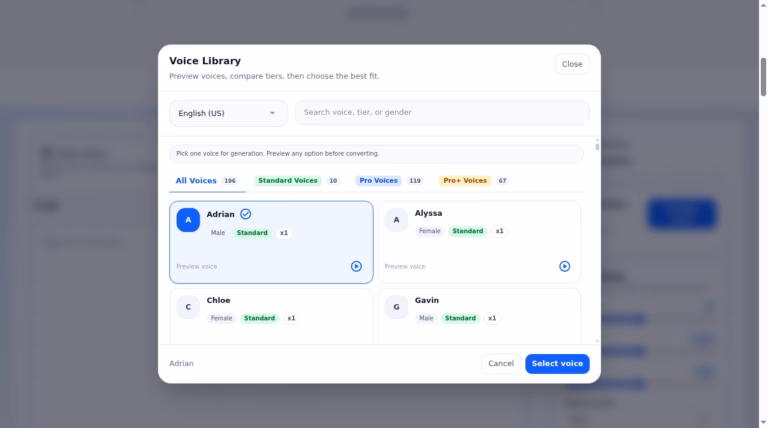 TTSForge voice picker with language search and voice tiers
