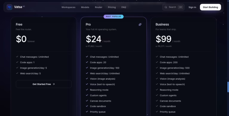 Screenshot of the Vatsa AI pricing section, taken from the official website