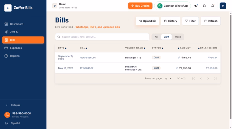 Zoffer official demo bills list