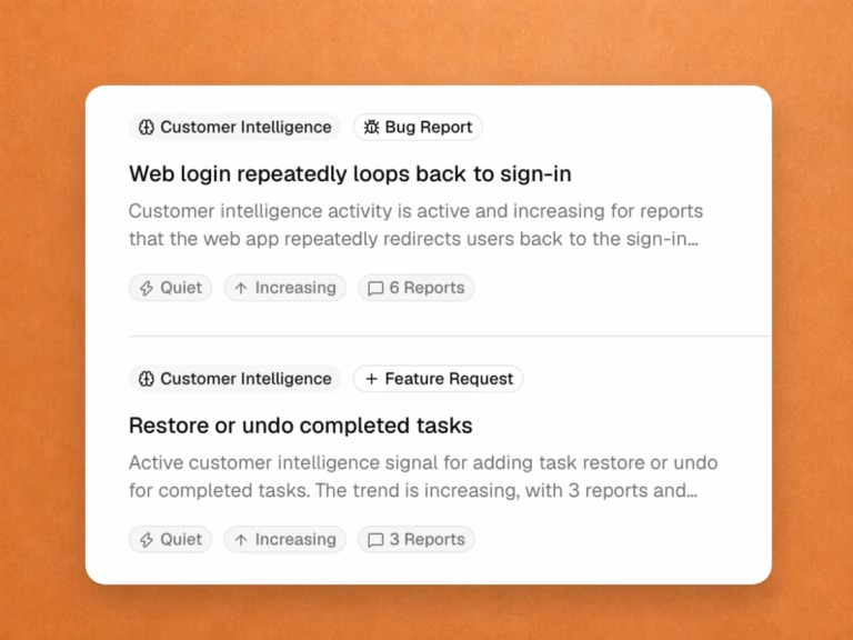 CraftCX official Customer Intelligence cards showing recurring login bug and restore-task request; vendor example