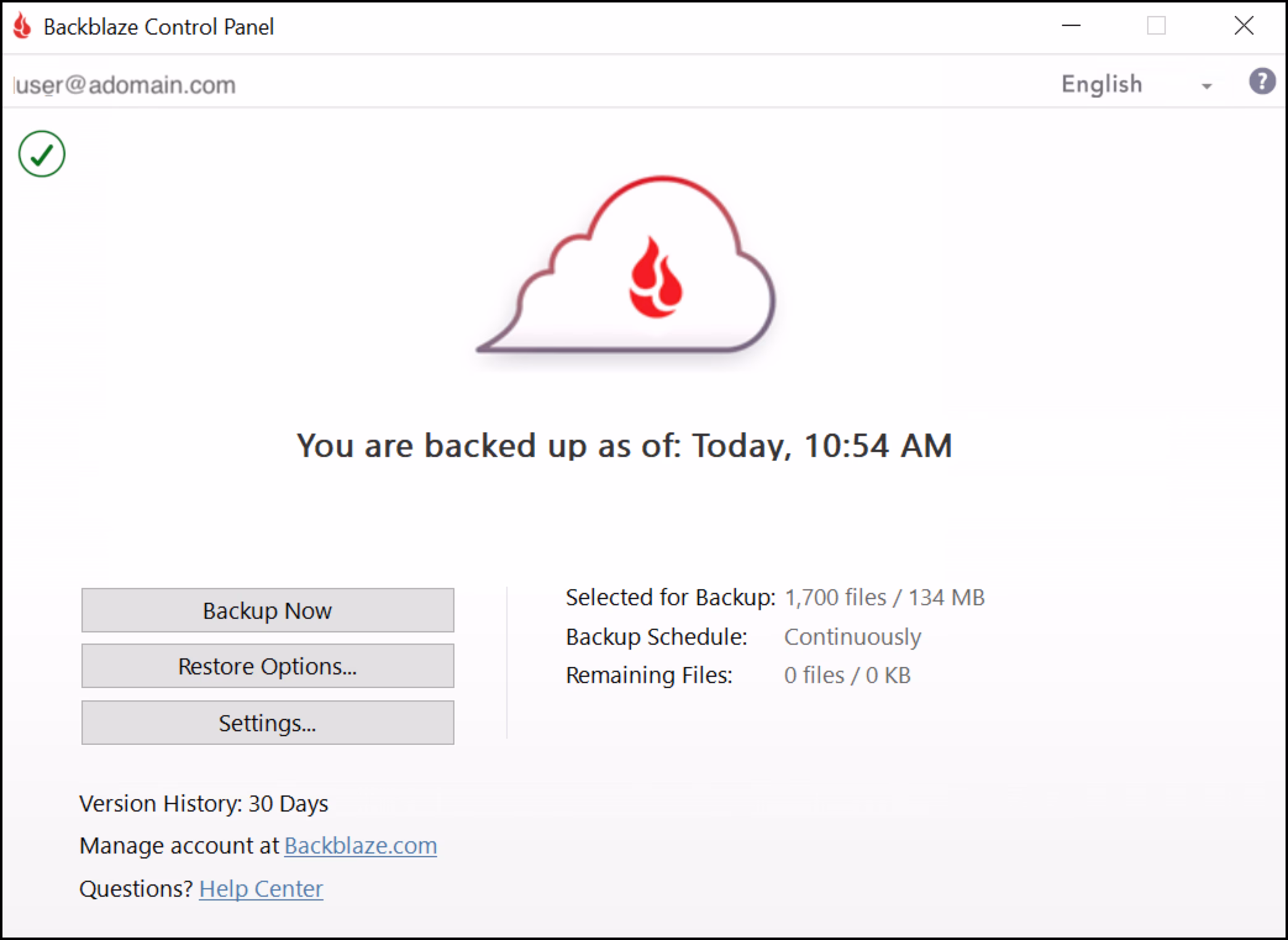 Official Backblaze Windows backup control panel screenshot