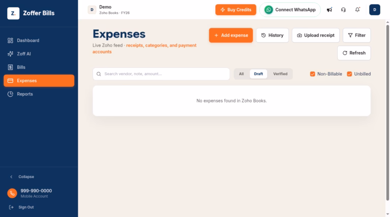 Zoffer official demo expense-list controls; no draft expenses in this view