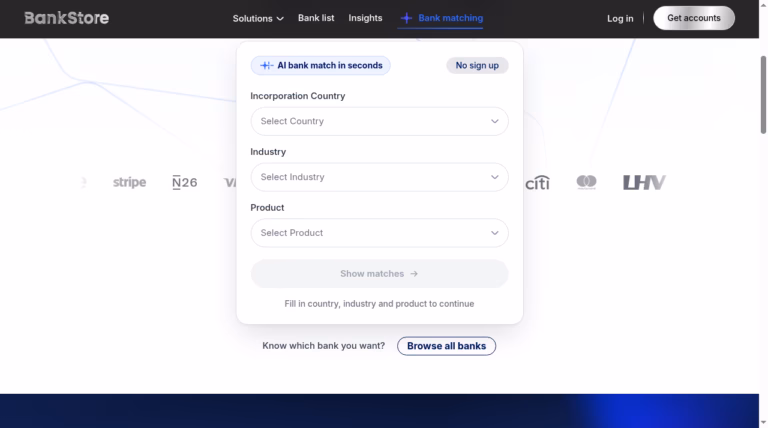 BankStore no-signup matching form with country, industry and product fields. No business profile submitted.