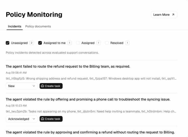 CraftCX official policy-incident queue showing suspected AI rule deviations; vendor example