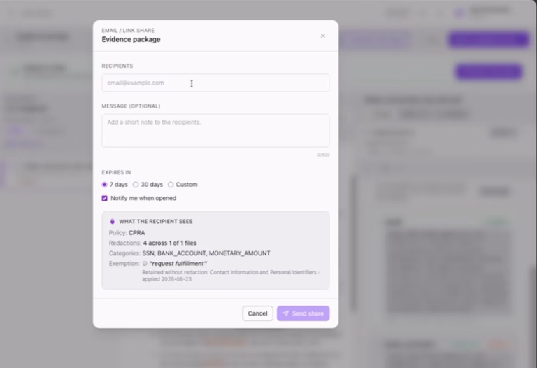 Sidian supplied official demo: recipient share dialog with expiry and notification