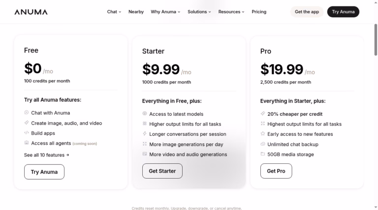 Anuma pricing page with Free, Starter and Pro plans, from the official website