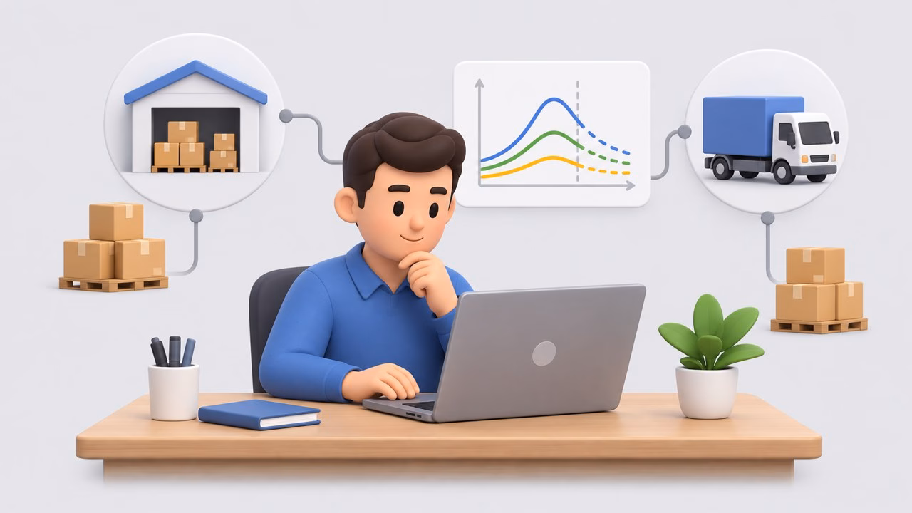 Illustration of a planner at a desk with a laptop showing forecast curves, boxes and truck icons